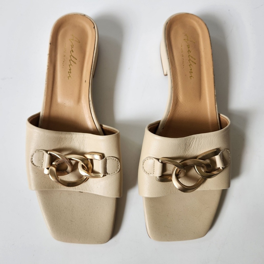 Avellini Block Heel Slide Sandals 6.5 Ivory Leather Open Toe Chunky Chain Accent
